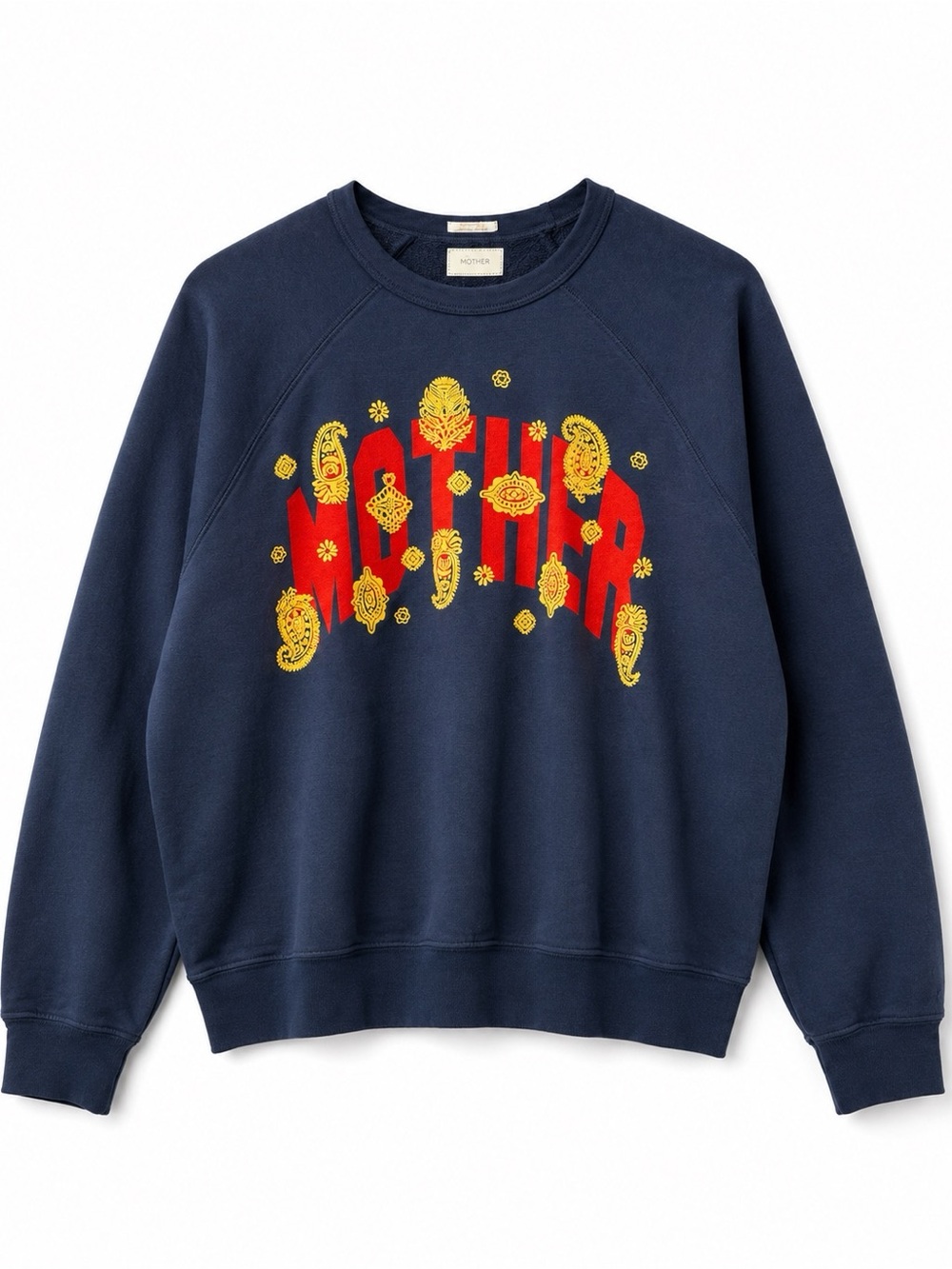 MOTHER Navy Crewneck Sweatshirt with Red Lettering & Yellow Embroidery